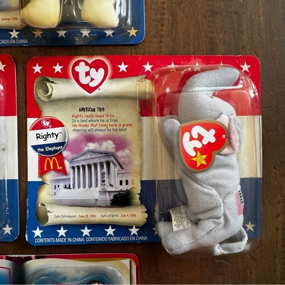 Mcdonalds TY Beanie Babies American Trio set Righty, Lefty & Libearty Sealed!